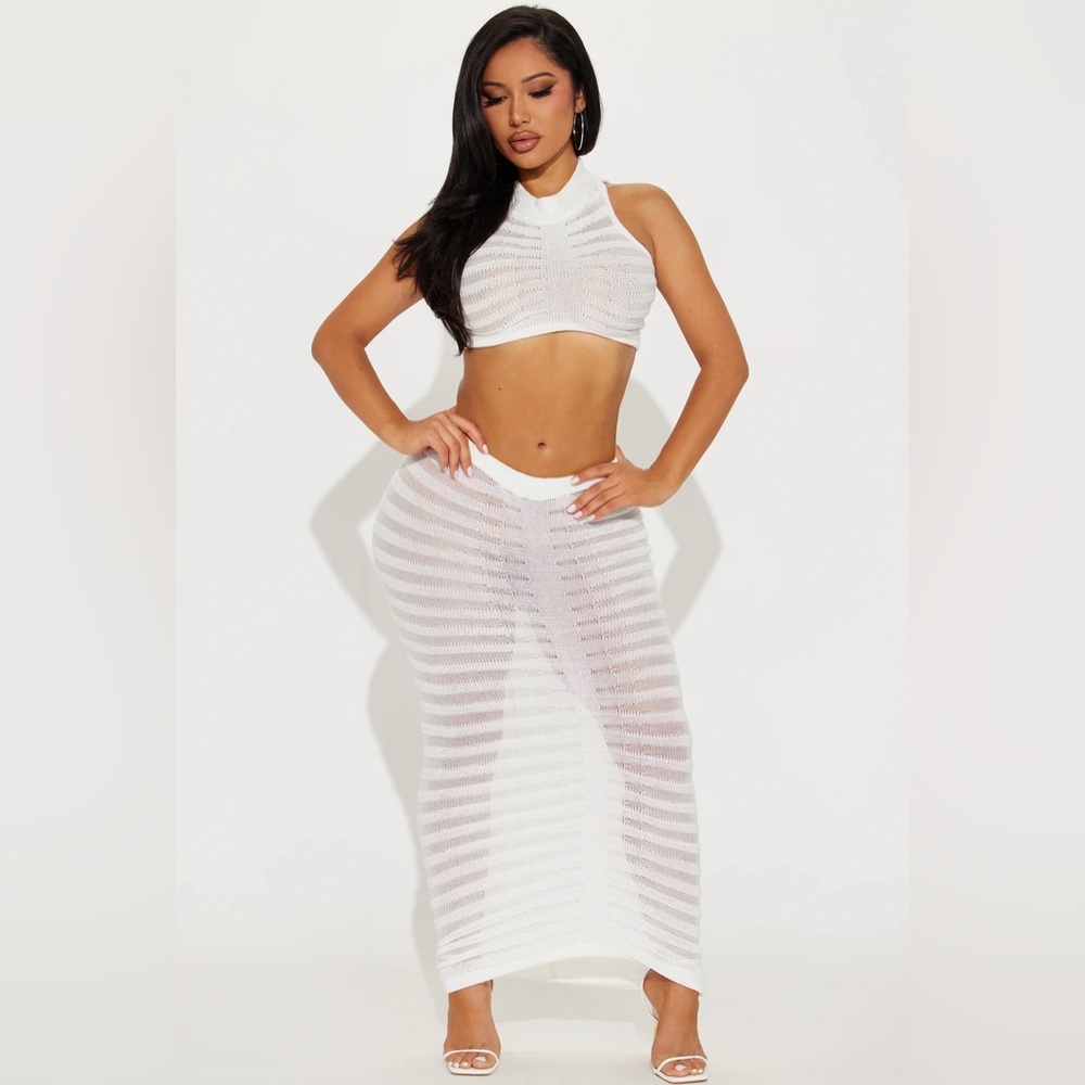 SHEER MAXI WHITE  SKIRT SET WHITE 2 Piece Maxi Skirt Set Cropped Top SIZE S